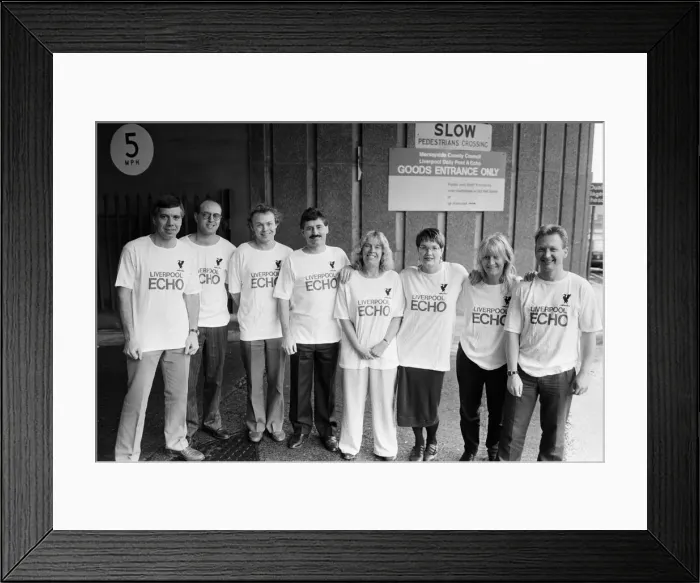 Framed Print : The Echo stair run team, training for charity event, 10th November 1989. L to R