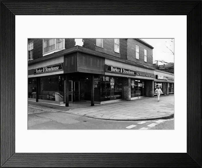 Framed Print : Barker & Stonehouse furniture shop. 1st July 1987 Framed Print : Barker & Stonehouse furniture shop. 1st July 1987