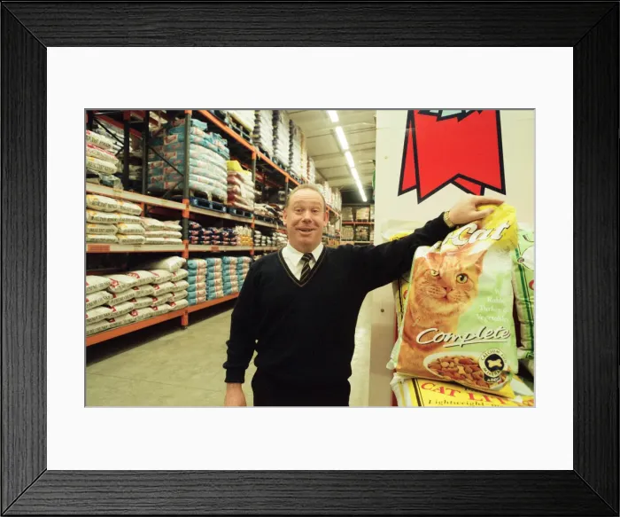 Framed Print : John Wales at Batleys Pet Food Store. 4th December 1997