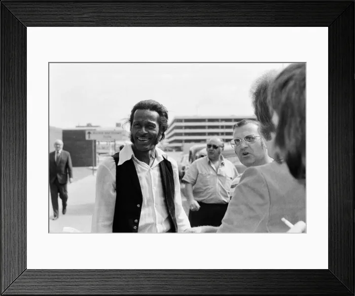 Framed Print : Chuck Berry arriving at Heathrow airport, London. 3rd August 1972 Framed Print : Chuck Berry arriving at Heathrow airport, London. 3rd August 1972