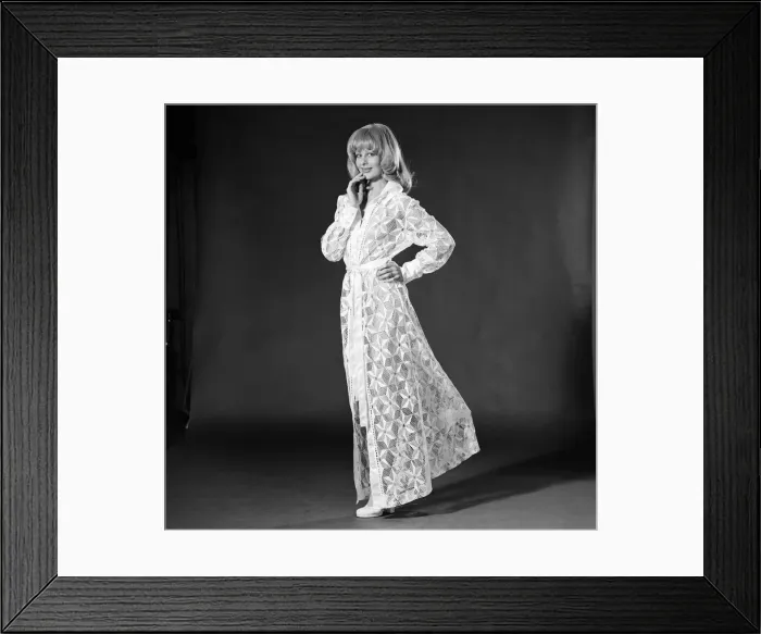 Framed Print : Jilly Johnson, model wearing lacy dress coat, Studio Pix, 18th March 1974