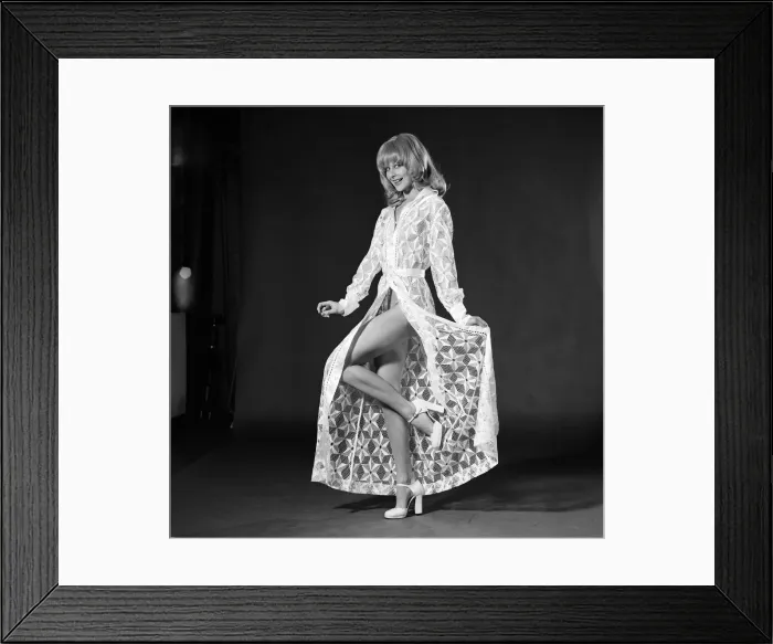 Framed Print : Jilly Johnson, model wearing lacy dress coat, Studio Pix, 18th March 1974 Framed Print : Jilly Johnson, model wearing lacy dress coat, Studio Pix, 18th March 1974