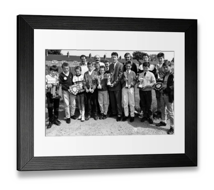 Framed Print : Boro footballer, Gary Robinson (centre) presents the trophies to the captains of winning Framed Print : Boro footballer, Gary Robinson (centre) presents the trophies to the captains of winning