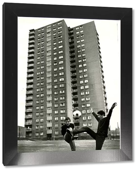 Boys playing football high rise flats Royston Glasgow 1966 Garry mcDonald