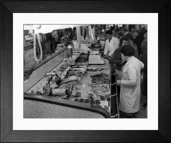 Framed Print : Meat Counter, Stockton Market, North East England, Circa 1959
