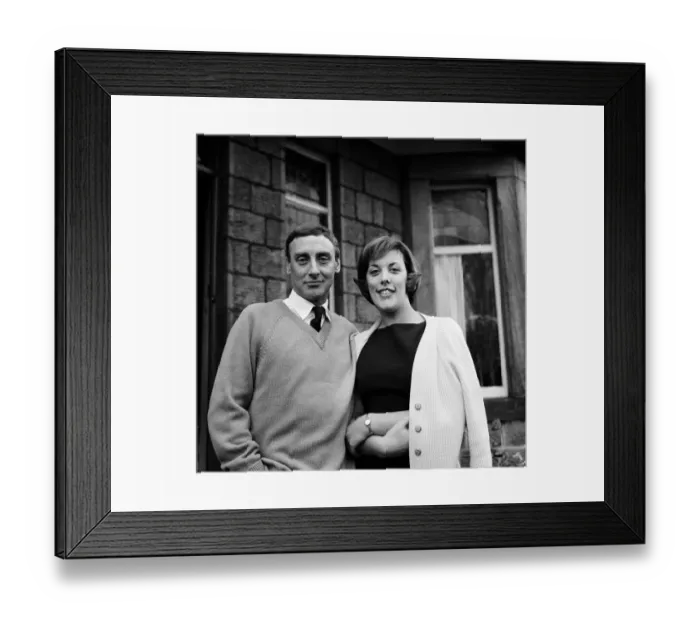 Framed Print : Spike Milligan with his fiancee, Miss Pat Ridgeway at her home in Leathley Road, Menston Framed Print : Spike Milligan with his fiancee, Miss Pat Ridgeway at her home in Leathley Road, Menston