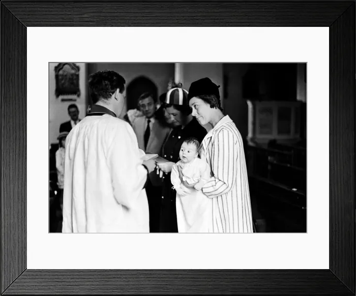 Framed Print : The christening of Jane Fionulla Marion Milligan, child of Spike Milligan Framed Print : The christening of Jane Fionulla Marion Milligan, child of Spike Milligan