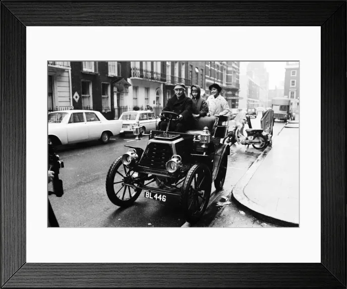 Framed Print : Spike Milligan off for a drive in the rain in a 1901 Durkopp loaned from the Montague Framed Print : Spike Milligan off for a drive in the rain in a 1901 Durkopp loaned from the Montague