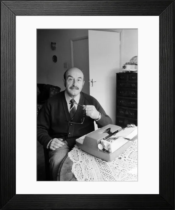 Framed Print : Comedy script writer Talbot Rothwell at work in his Fulking, Sussex, home Framed Print : Comedy script writer Talbot Rothwell at work in his Fulking, Sussex, home