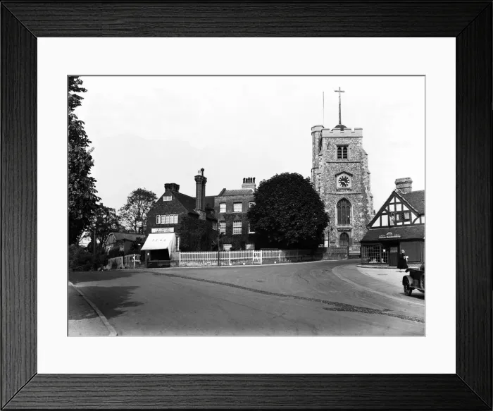 Framed Print : St John the Baptist Church and High Street Pinner, London. Circa 1930 Framed Print : St John the Baptist Church and High Street Pinner, London. Circa 1930