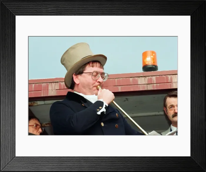 Framed Print : Buglar Ian Dewar at the full blast during the annual Riding the Fair procession sets off Framed Print : Buglar Ian Dewar at the full blast during the annual Riding the Fair procession sets off