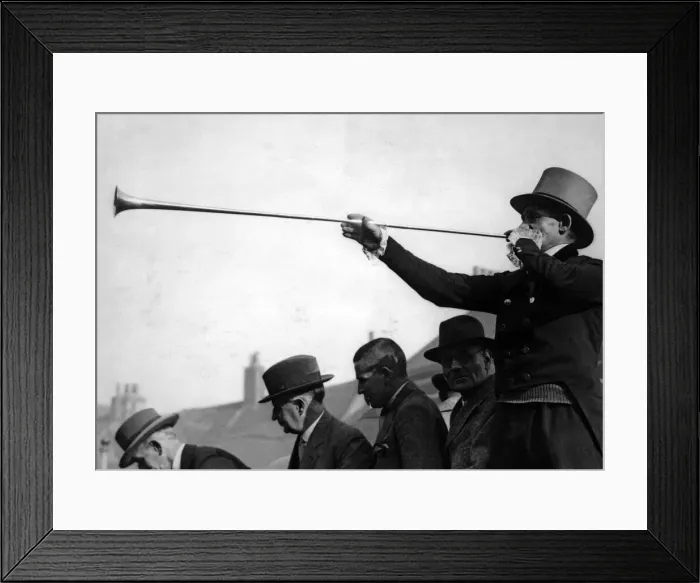 Framed Print : The coach horn is blown by Mr Spence for the riding of the Yarm fair Framed Print : The coach horn is blown by Mr Spence for the riding of the Yarm fair