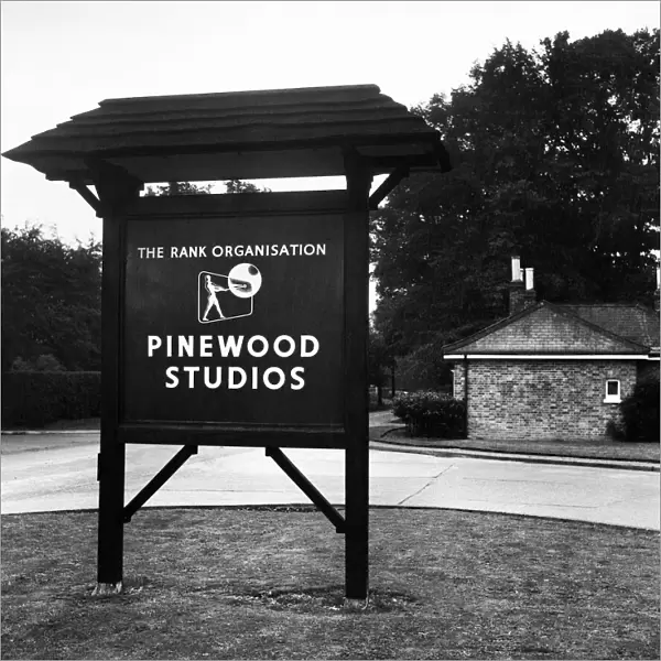 Exterior view showing the sign at Pinewood film studios at Iver Heath, Buckinghamshire