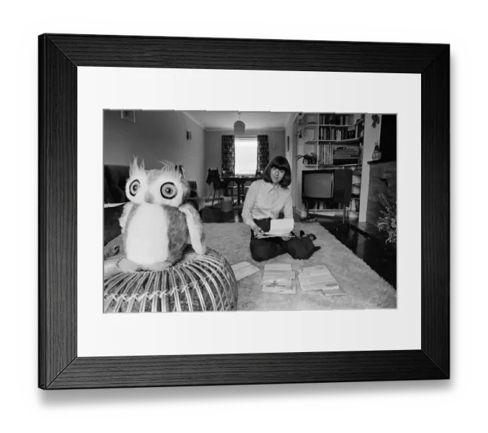 Framed Print : Pam Ayres replies to fan mail in her lounge at her home in a village in Oxfordshire