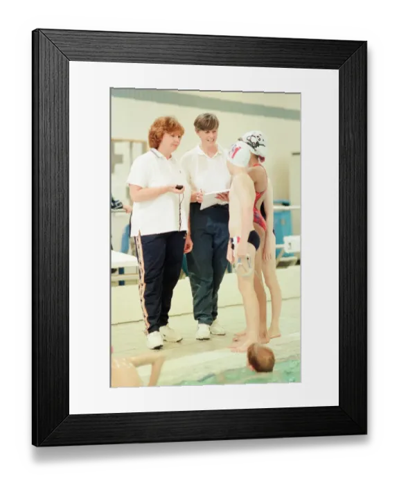 Framed Print : Neptune Swimming Pool, has a new swimming club and swimming tutors Judy Jones (left