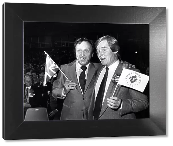 Ken Dodd and William Roache at a Conservative party rally. 6th June 1987