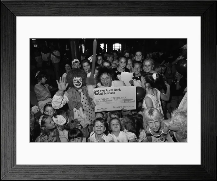 Framed Print : Ken Dodd joins forces with Jimbo the clown and the kids at the Albert Dock