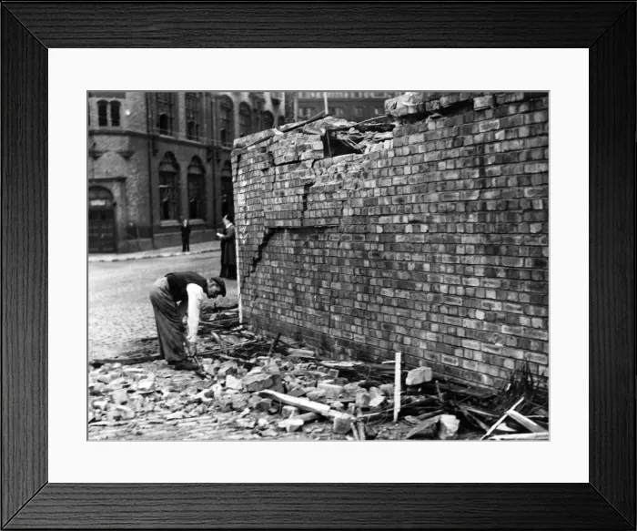 Framed Print : A street surface shelter in a North Western area which was only slightly damaged although