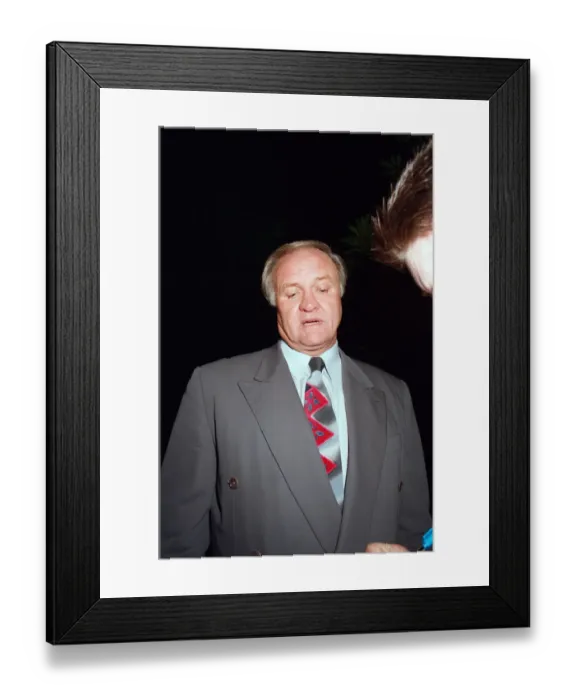 Framed Print : Ron Atkinson outside his Barnt Green home, after the shock announcement of his sacking Framed Print : Ron Atkinson outside his Barnt Green home, after the shock announcement of his sacking