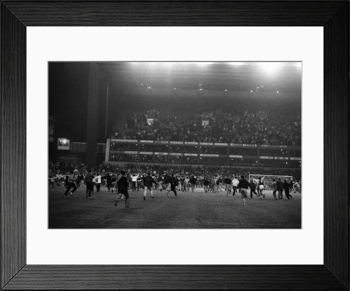 Framed Print : Fans run onto the pitch. Divison One match Aston Villa 6 -2 Everton held at Villa Park Framed Print : Fans run onto the pitch. Divison One match Aston Villa 6 -2 Everton held at Villa Park