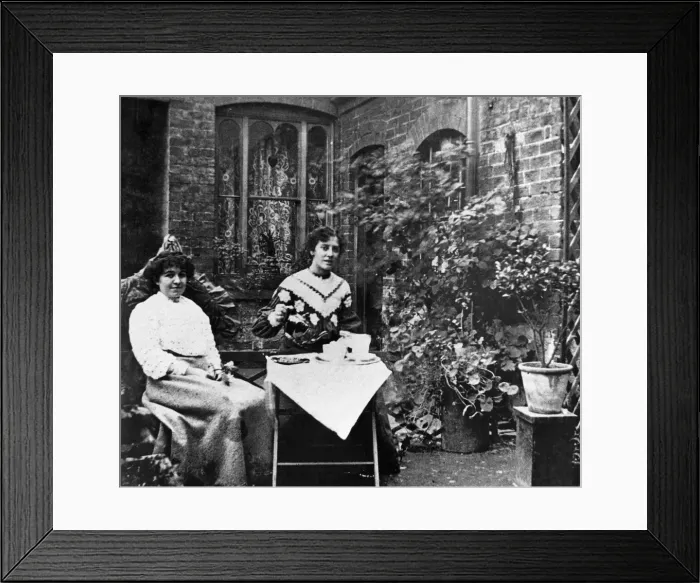 Framed Print : Two ladies take tea in the garden in Balsall Heath. 15th February 1865 Framed Print : Two ladies take tea in the garden in Balsall Heath. 15th February 1865