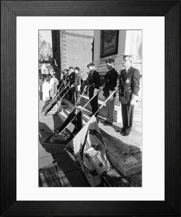 Framed Print : Remembrance Day Parade, Stockton, Sunday 10th November 1985. Standards are lowered Framed Print : Remembrance Day Parade, Stockton, Sunday 10th November 1985. Standards are lowered