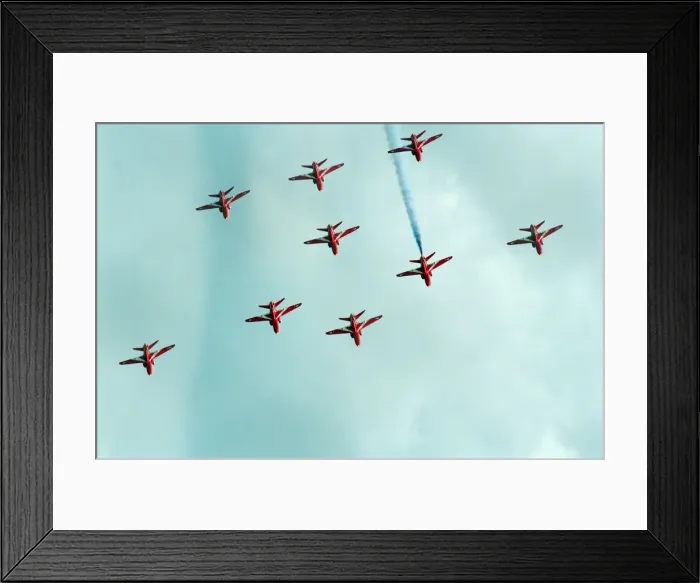 Framed Print : The Red Arrows, RAF Aerobatic Team, performing at the 1993 500 CC British Motorcycle Framed Print : The Red Arrows, RAF Aerobatic Team, performing at the 1993 500 CC British Motorcycle