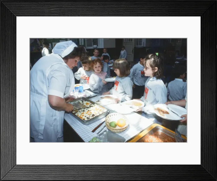 Framed Print : School Dinners at North Reddish Junior School, Stockport, Circa 1994 Framed Print : School Dinners at North Reddish Junior School, Stockport, Circa 1994
