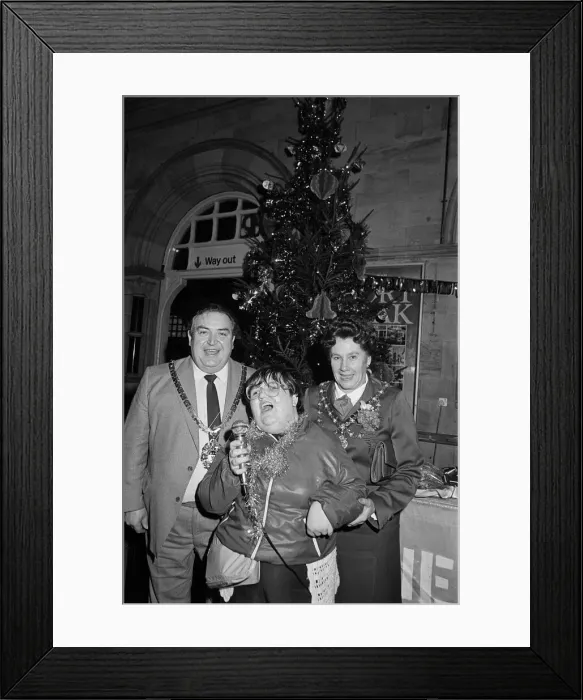 Framed Print : Christmas lights being switched on at a railway station in Teesside, December 1985 Framed Print : Christmas lights being switched on at a railway station in Teesside, December 1985