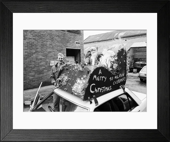 Framed Print : Father Christmas on top of a taxi. Teesside, December 1985 Framed Print : Father Christmas on top of a taxi. Teesside, December 1985