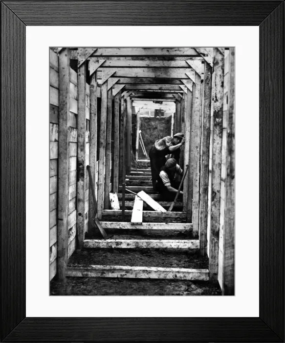 Framed Print : Timbering up the deep trenches in Birkenhead Park. The shelters will have seats along Framed Print : Timbering up the deep trenches in Birkenhead Park. The shelters will have seats along
