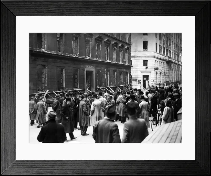 Framed Print : Business men from bombed out offices gather in the street to transact business Framed Print : Business men from bombed out offices gather in the street to transact business