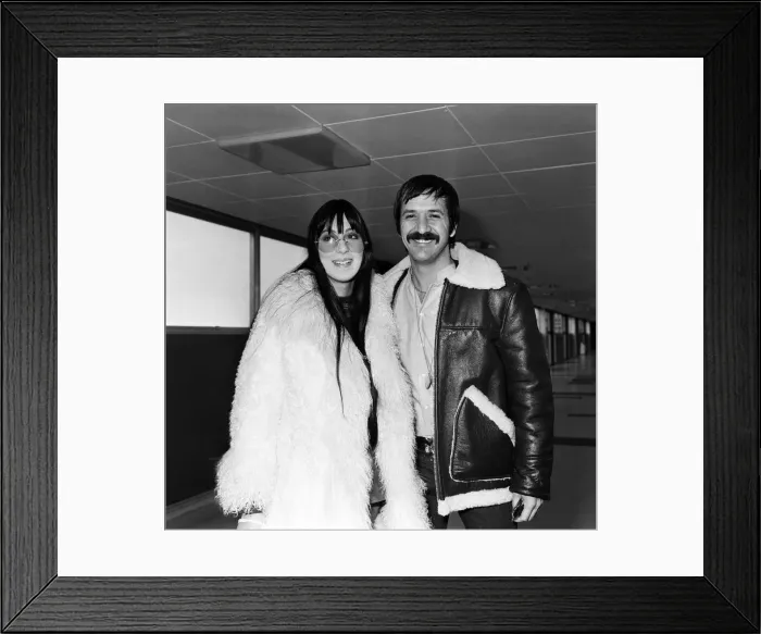 Framed Print : American pop singers Sonny and Cher on arrival at Heathrow Airport. 5th April 1969 Framed Print : American pop singers Sonny and Cher on arrival at Heathrow Airport. 5th April 1969
