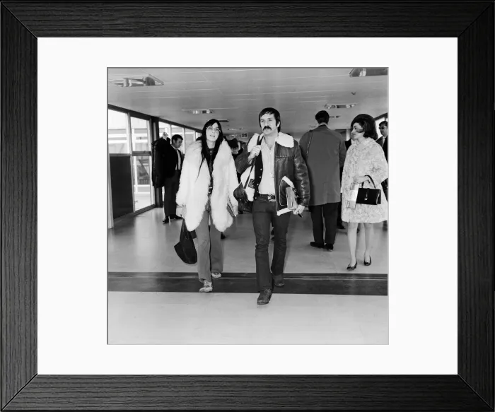 Framed Print : American pop singers Sonny and Cher on arrival at Heathrow Airport. 5th April 1969 Framed Print : American pop singers Sonny and Cher on arrival at Heathrow Airport. 5th April 1969