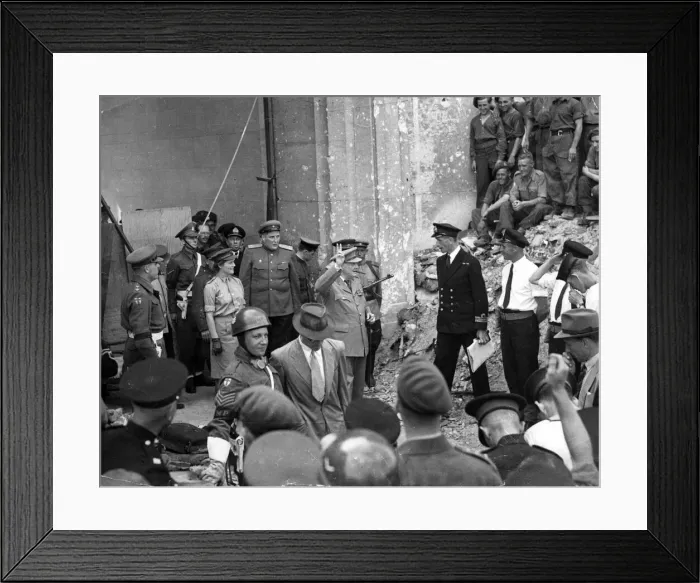 Framed Print : Prime Minister Winston Churchill inspects the smashed Chancellery of Adolf Hitler as he