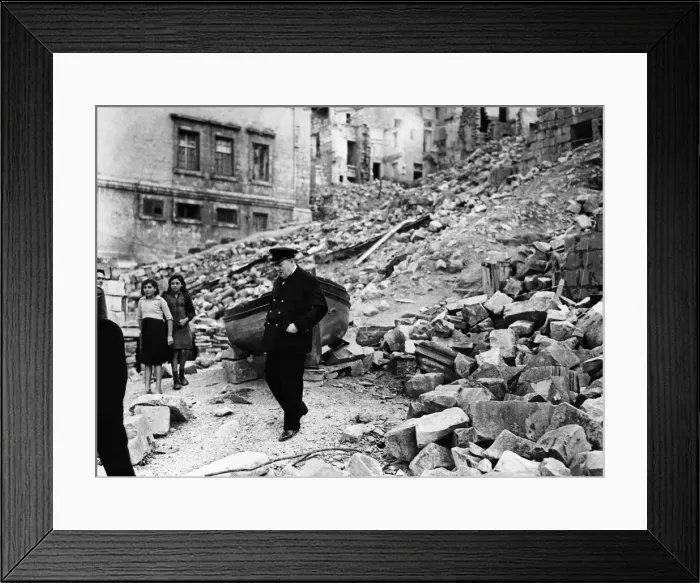 Framed Print : British Prime Minister Winston Churchill surveys the destruction in the dockyard area of Framed Print : British Prime Minister Winston Churchill surveys the destruction in the dockyard area of