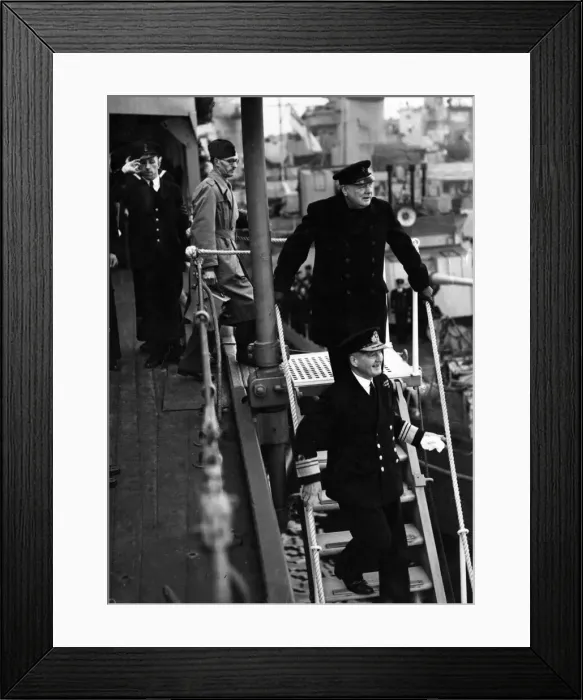 Framed Print : British Prime Minister Winston Churchill leaves a destroyer depot during his visit to Framed Print : British Prime Minister Winston Churchill leaves a destroyer depot during his visit to