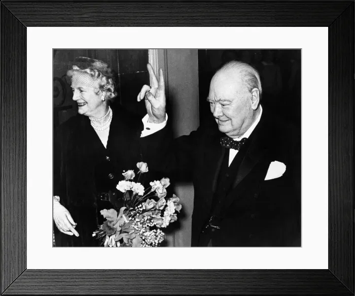 Framed Print : British Prime Minister Winston Churchill gives the famous V Sign as he stands with Lady Framed Print : British Prime Minister Winston Churchill gives the famous V Sign as he stands with Lady
