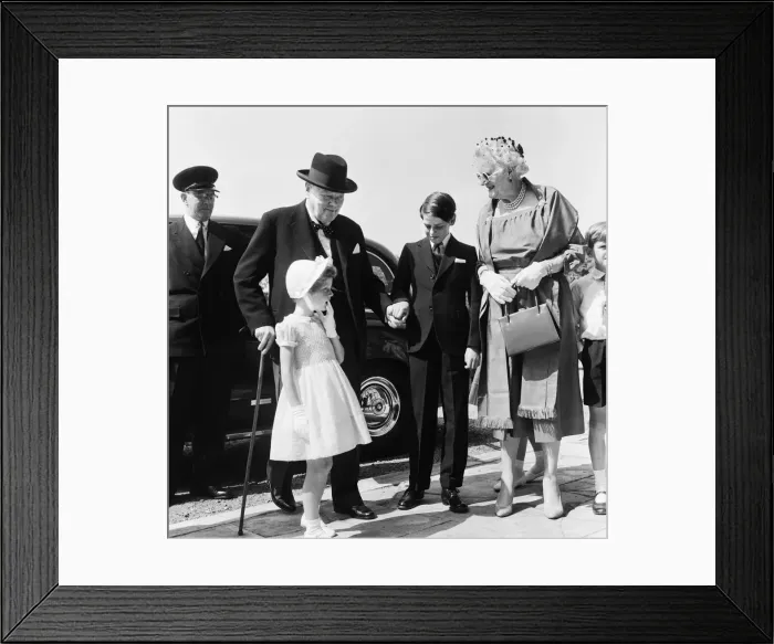Framed Print : Winston Churchill attending the christening of Rupert Soames. 20th July 1959 Framed Print : Winston Churchill attending the christening of Rupert Soames. 20th July 1959