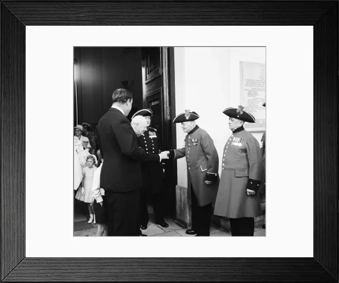 Framed Print : Winston Churchill attending the christening of Rupert Soames. 20th July 1959 Framed Print : Winston Churchill attending the christening of Rupert Soames. 20th July 1959