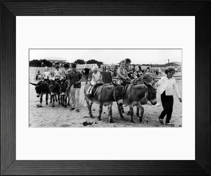 Framed Print : Young children enjoying donkey rides on the beach. 6th August 1968 Framed Print : Young children enjoying donkey rides on the beach. 6th August 1968