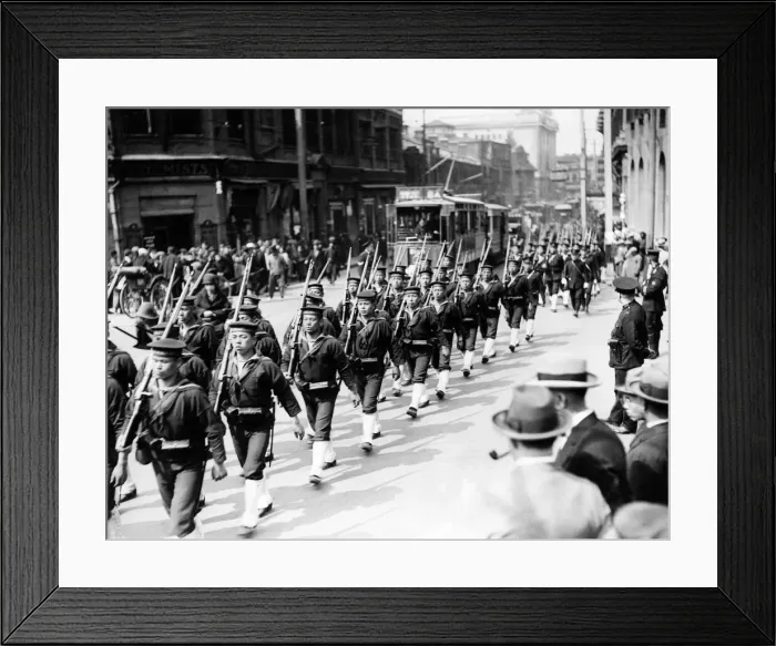 Framed Print : A large force of Japanese sailors marching from their ship through the streets of Framed Print : A large force of Japanese sailors marching from their ship through the streets of