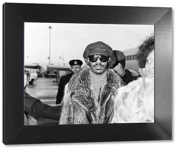 Stevie Wonder arriving at London Airport. 24th January 1974