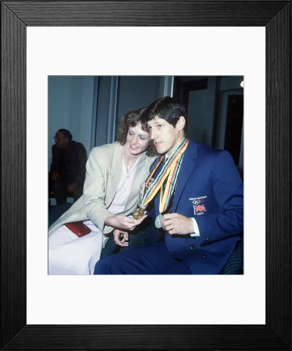 Framed Print : Alan Wells athlete with gold and silver medals 1980 Framed Print : Alan Wells athlete with gold and silver medals 1980