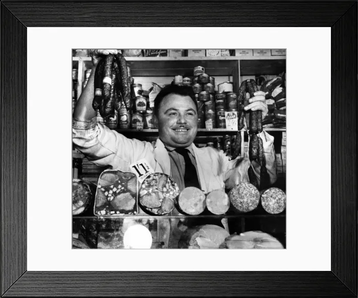 Framed Print : Polish born Jan Zygadlo at his delicatessen stall in the market. 26th September 1958 Framed Print : Polish born Jan Zygadlo at his delicatessen stall in the market. 26th September 1958