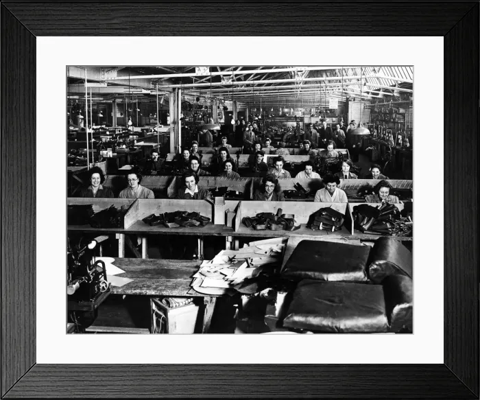 Framed Print : Women at work in a factory sewing leather products. Speke, Liverpool, 8th January 1946 Framed Print : Women at work in a factory sewing leather products. Speke, Liverpool, 8th January 1946