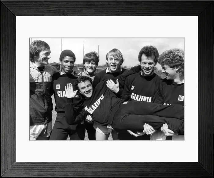 Framed Print : Terry Gibson is given a pick-me-up from his Sky Blues colleagues, including Stuart Pearce Framed Print : Terry Gibson is given a pick-me-up from his Sky Blues colleagues, including Stuart Pearce