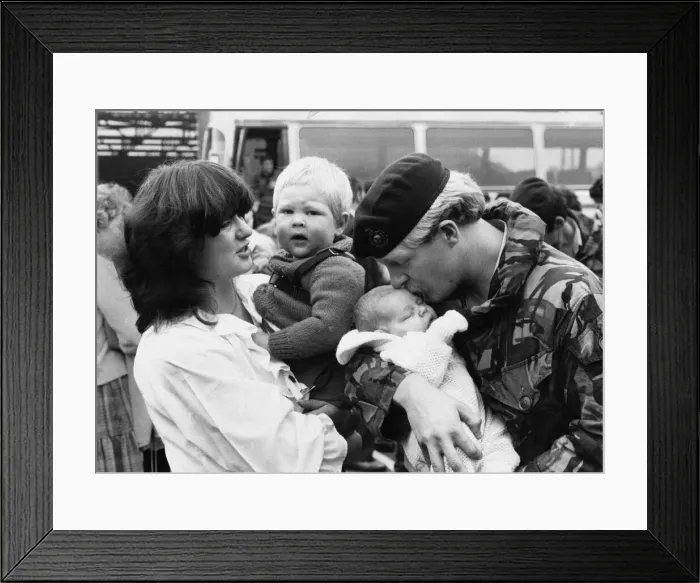 Framed Print : Marine Andrew Riley delighted to see his baby son Darren 4 weeks old born while Andrew Framed Print : Marine Andrew Riley delighted to see his baby son Darren 4 weeks old born while Andrew