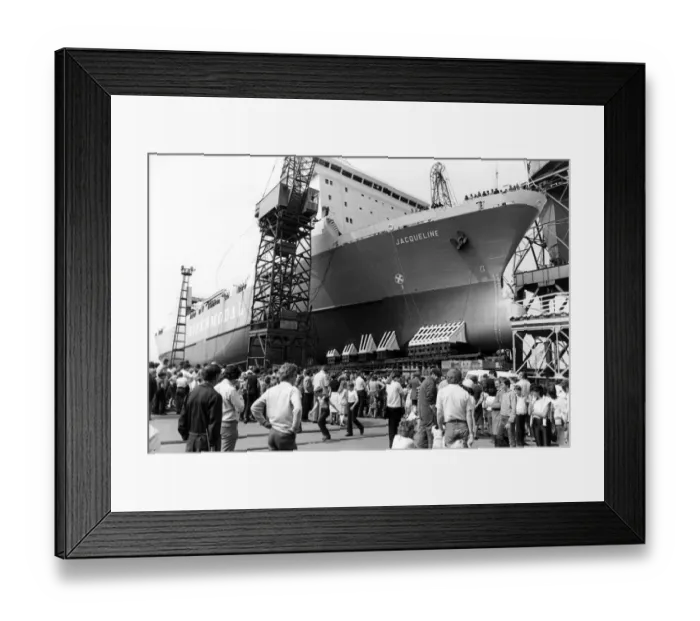 Framed Print : Launching ceremony for the Ro-ro cargo ship Jacqueline at Smiths Dock at South Bank Framed Print : Launching ceremony for the Ro-ro cargo ship Jacqueline at Smiths Dock at South Bank