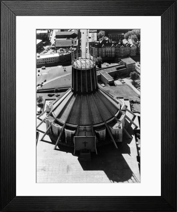 Framed Print : Aerial Views of Liverpool, Merseyside, 11th June 1987. Liverpool Metropolitan Cathedral Framed Print : Aerial Views of Liverpool, Merseyside, 11th June 1987. Liverpool Metropolitan Cathedral